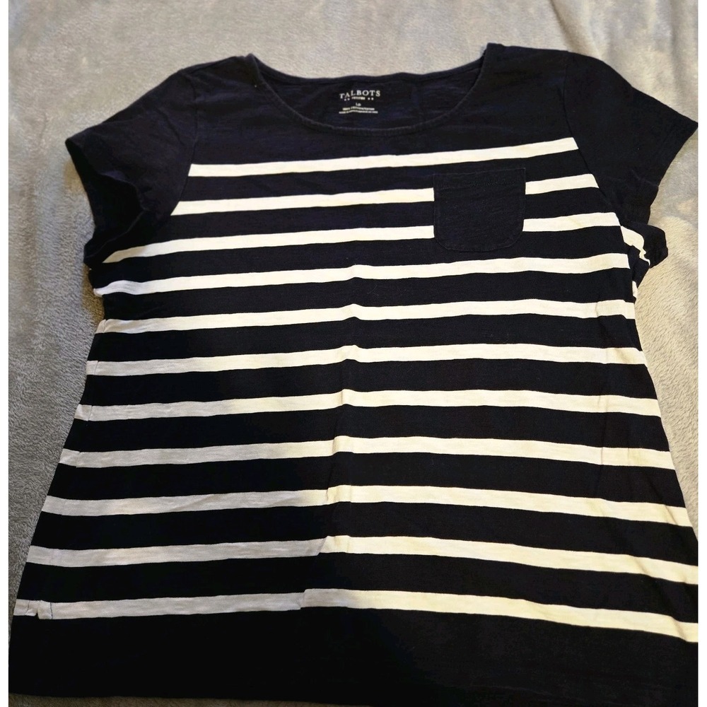 Talbots Large Pet. Bl/Wh Stripe Shirt Cool Comfortable Lightweight Breathable